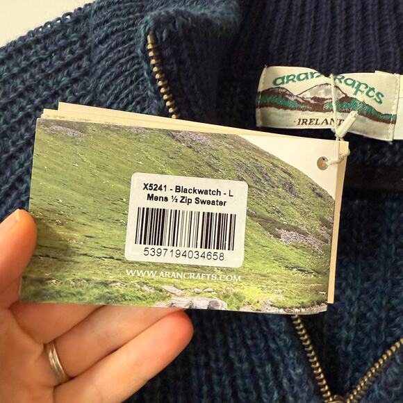 Aran Crafts NEW Men's 1/2 Zip Sweater 100% Wool Blackwatch Navy Green Large - Picture 4 of 9